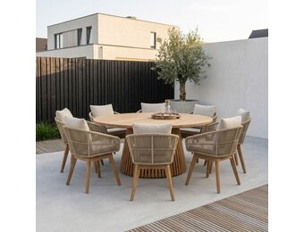 Palau/Bella zand dining tuinset | 8 personen | teakhout + touw | 180cm rond