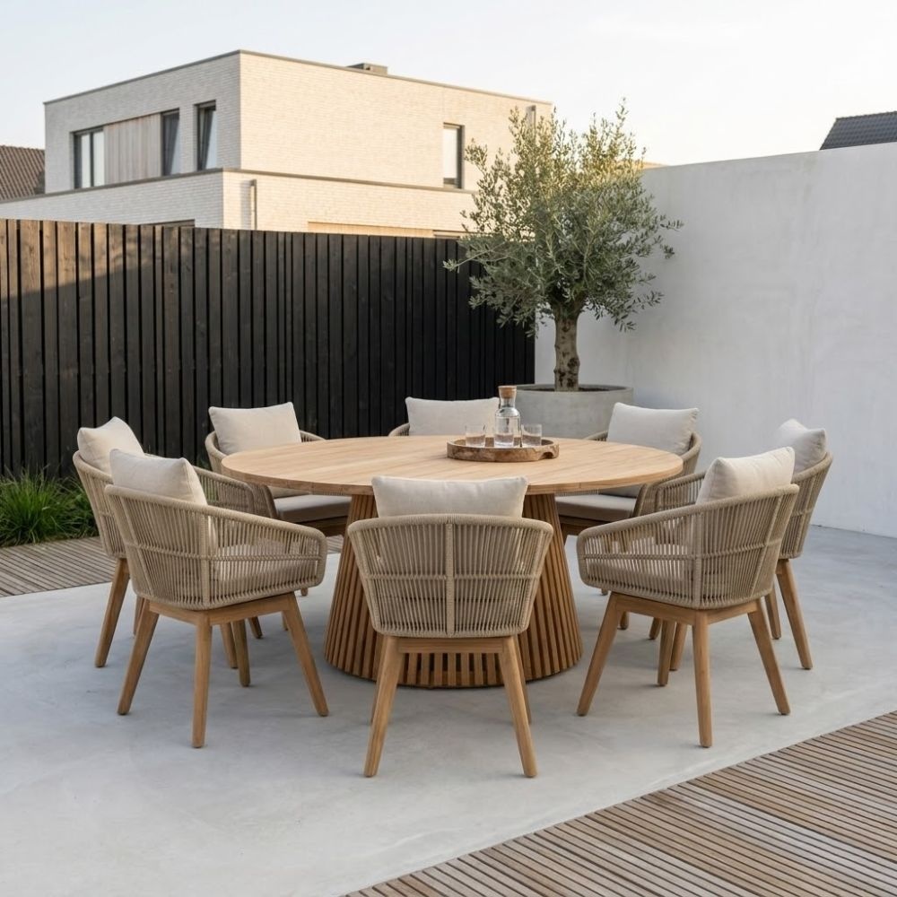 Palau/Bella zand dining tuinset | 8 personen | teakhout + touw | 180cm rond