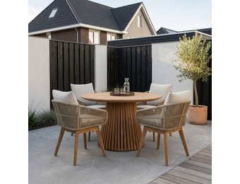 Palau/Bella zand dining tuinset | 4 personen | teakhout + touw | 120cm rond