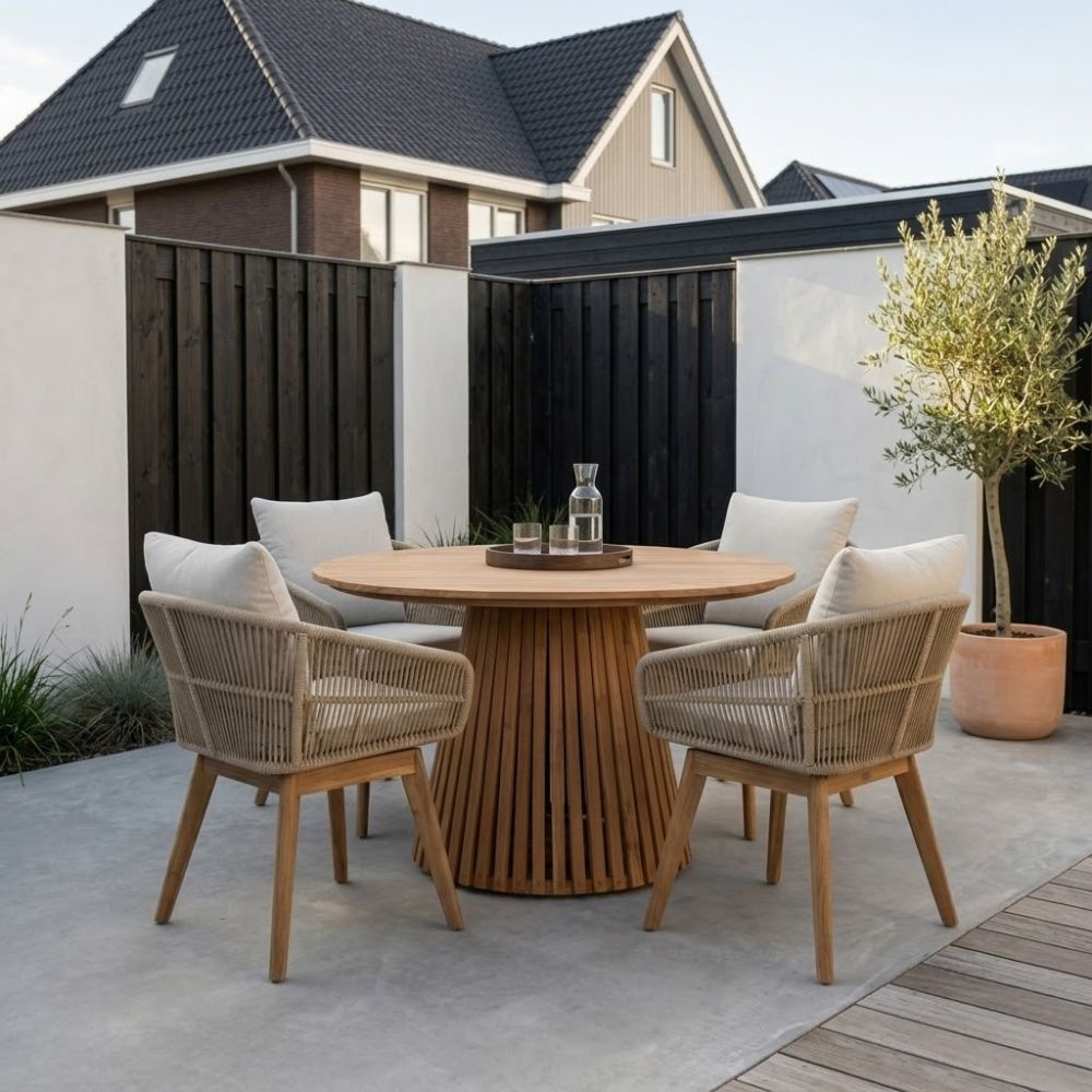 Palau/Bella zand dining tuinset | 4 personen | teakhout + touw | 120cm rond