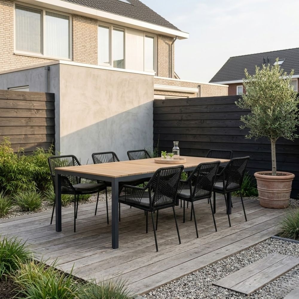 Delta/Seville zwart dining tuinset | 6 personen | teakhout + touw | 220cm