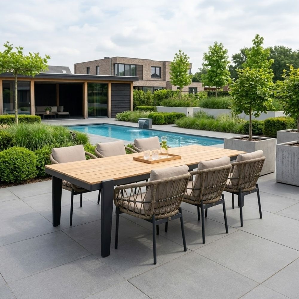 LUX outdoor living Vigo/Dakota beige/antraciet dining tuinset | 6 personen | teakhout + touw | 260cm
