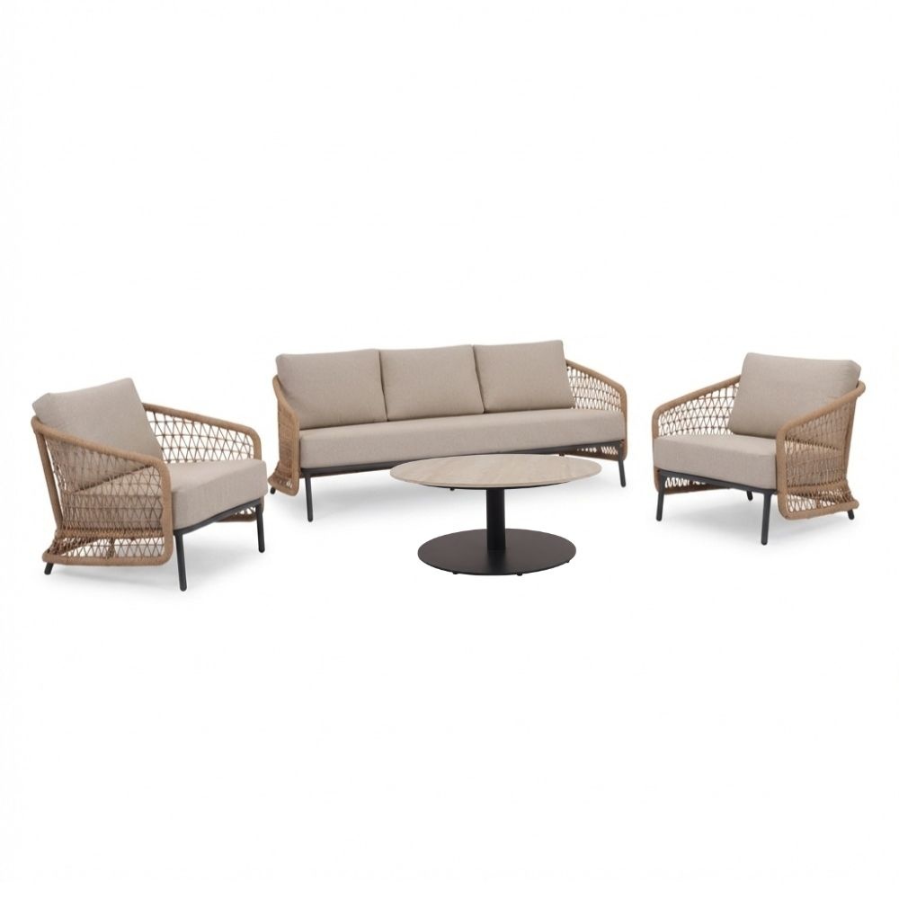 Vienna stoel-bank loungeset 5 personen incl. tafel 75cm | wicker + aluminium | zand | 5-de