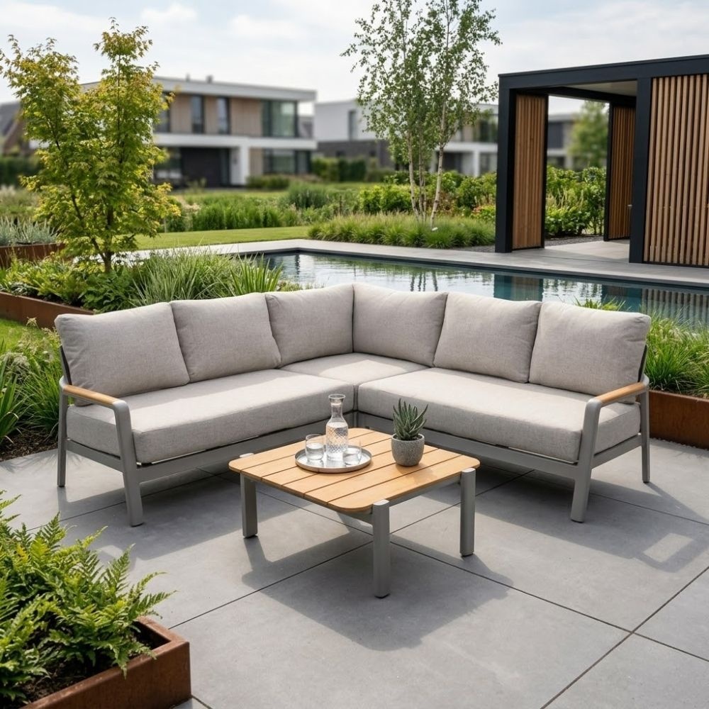 Marbella hoek loungeset beige 5 personen | aluminium + teak | beige | 4-delig - 222x222cm