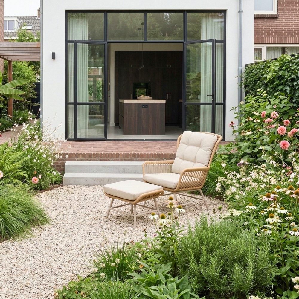 Dex voetenbank | wicker + aluminium | Bamboo beige