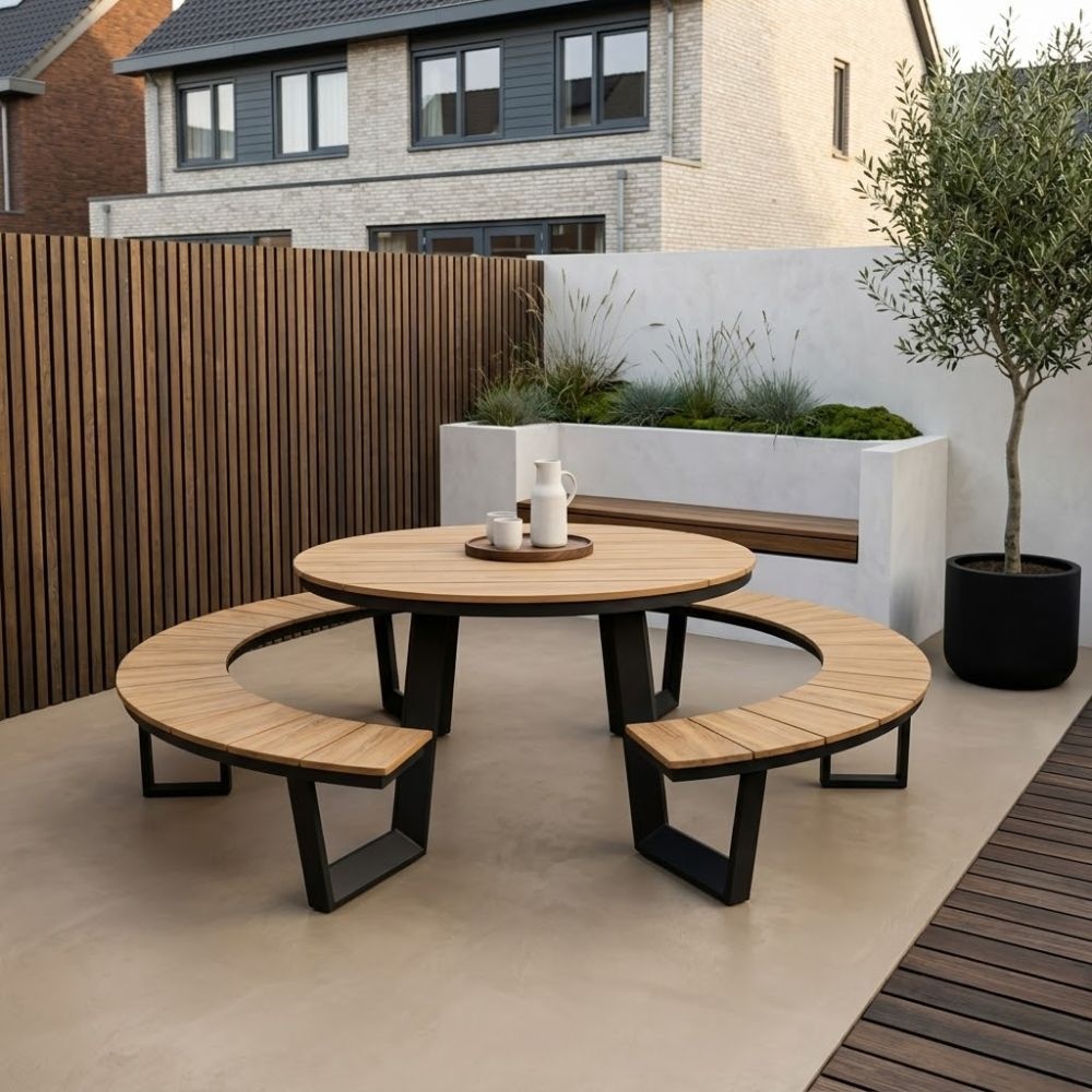 Auckland picknick dining tuinset | aluminium + polywood | Natural Wood/antraciet | 239cm rond