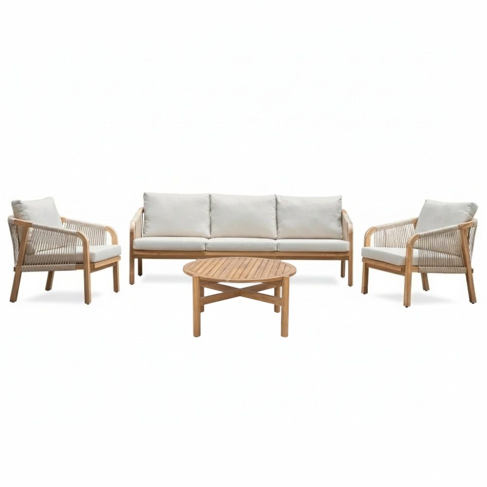 Bergamo stoel-bank loungeset 5 personen incl. koffietafel 80cm | touw + hardhout | zand | 5-delig