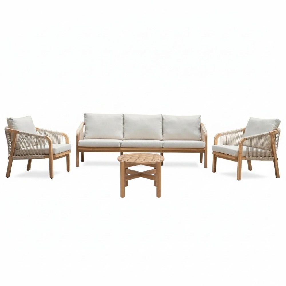 Bergamo stoel-bank loungeset 5 personen incl. koffietafel 60cm | touw + hardhout | zand | 5-delig