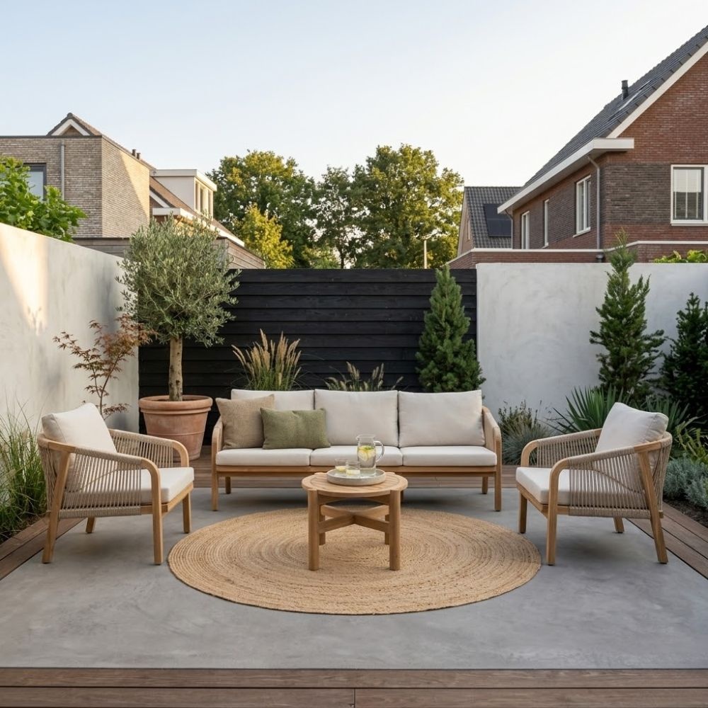 Bergamo stoel-bank loungeset 5 personen incl. koffietafel 60cm | touw + hardhout | zand | 5-delig