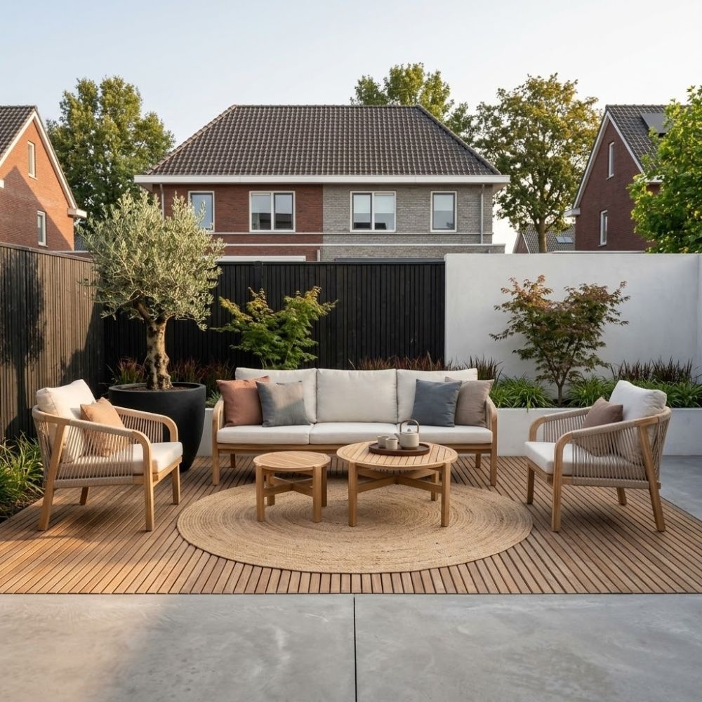 Bergamo stoel-bank loungeset 5 personen incl. tafels | touw + hardhout | zand | 6-delig