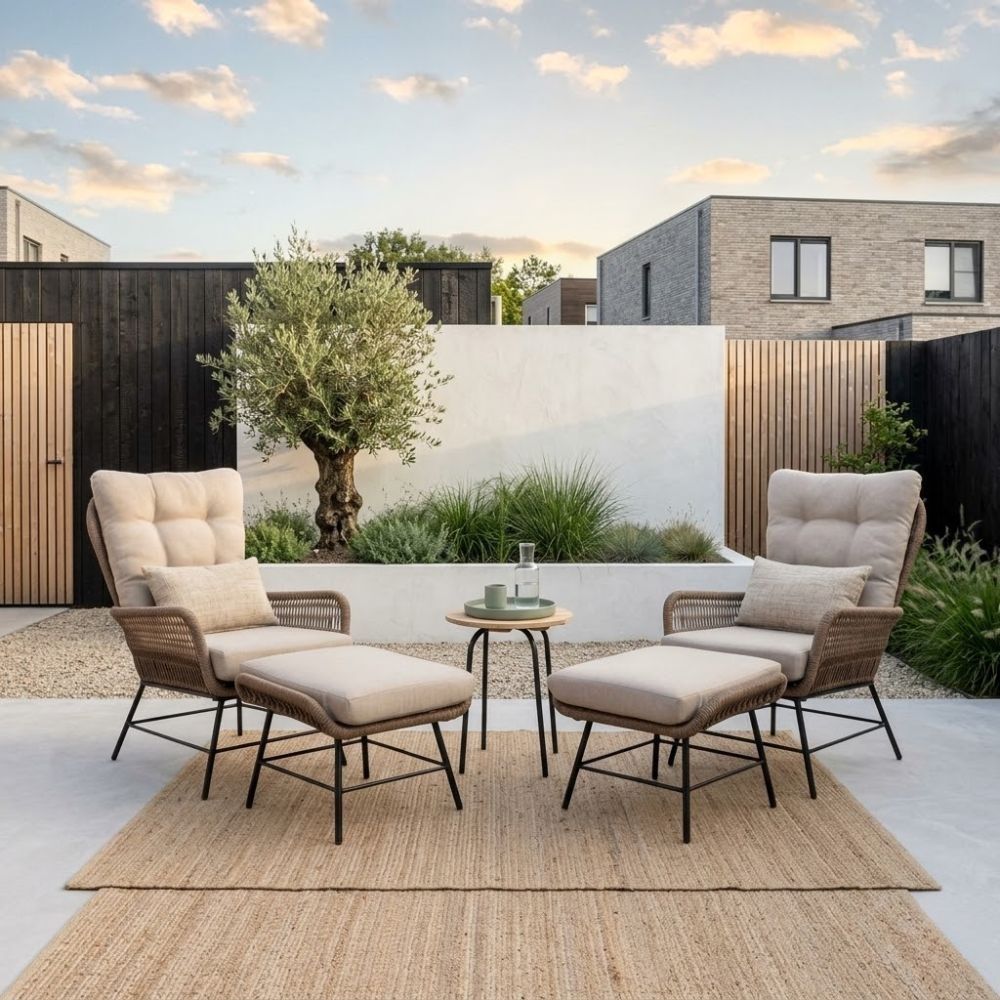 Dex loungestoel tuin met voetenbank | touw + aluminium | Sahara Dust