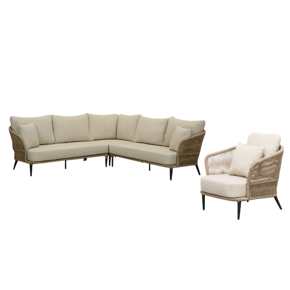 Palermo hoek loungeset met stoel 5 personen | aluminium + touw | Sahara Dust | 4-delig - 230x230cm