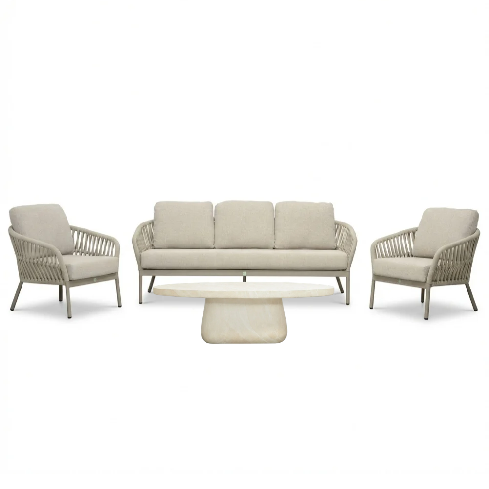 Mykonos/Luna stoel-bank loungeset 5 personen | aluminium + touw | beige | 4-delig