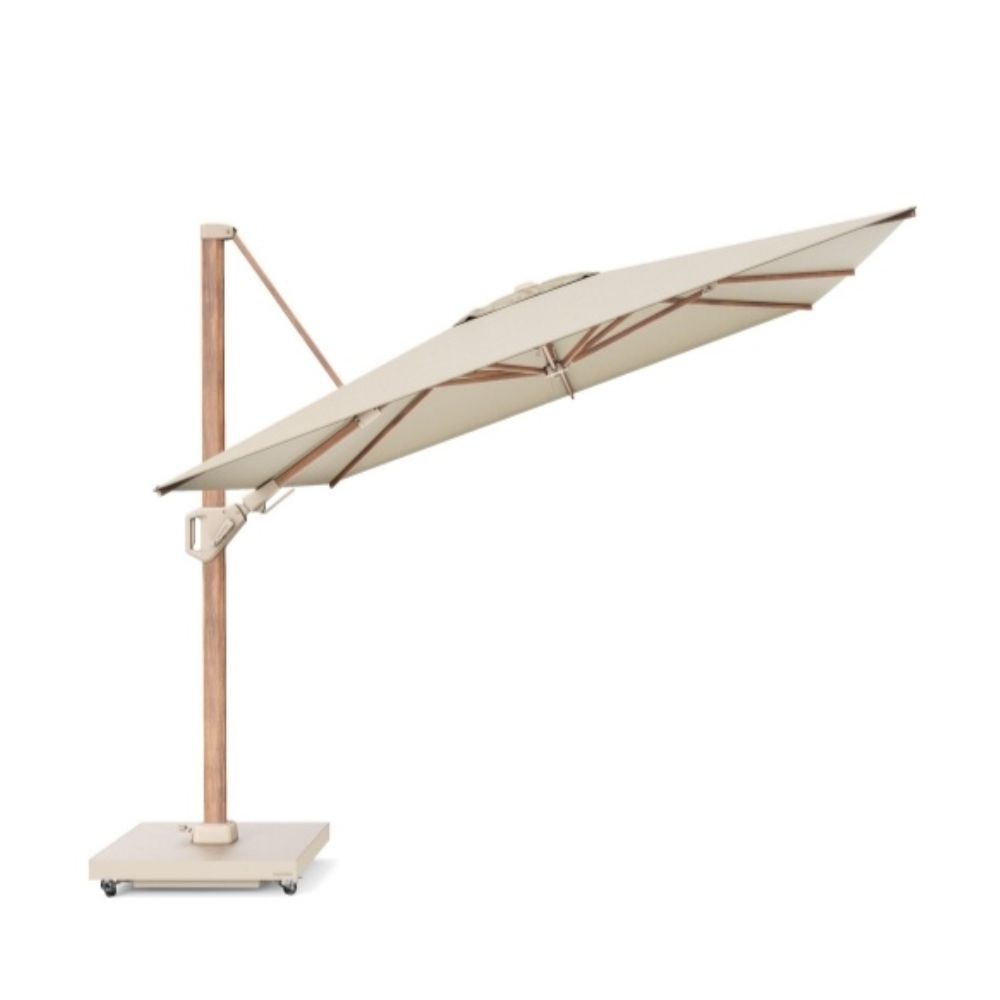 Challenger T² zweefparasol - premium doek | 350x260cm met Rocca parasolvoet 90kg | Champagne/Teak look