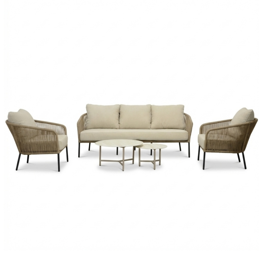 Mara stoel-bank loungeset 5 personen incl. Logan tafels | touw + aluminium | Sahara Dust | 5-delig
