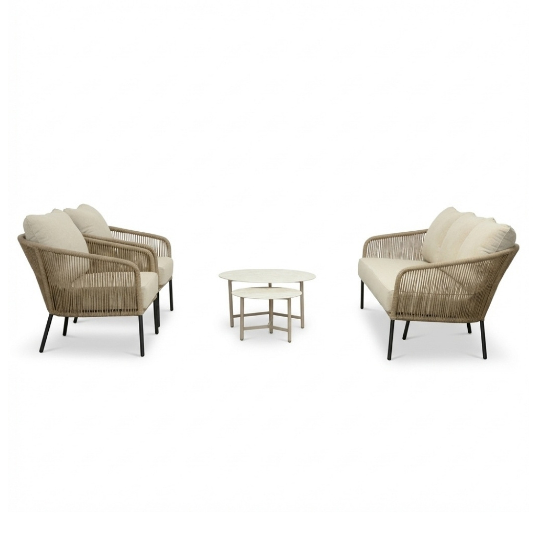 Mara stoel-bank loungeset 5 personen incl. Logan tafels | touw + aluminium | Sahara Dust | 5-delig