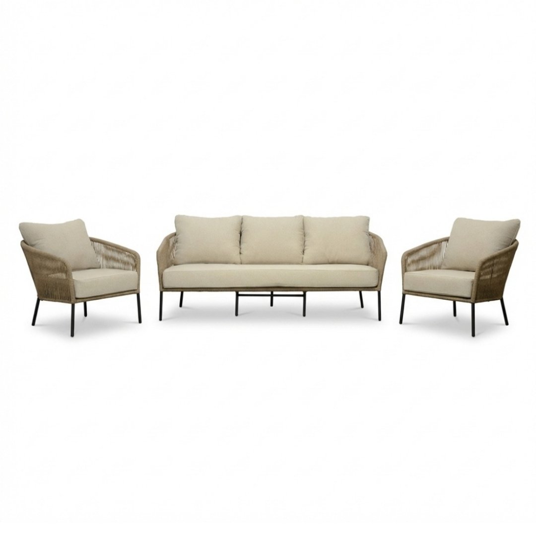 Mara stoel-bank loungeset 5 personen incl. Logan tafels | touw + aluminium | Sahara Dust | 5-delig