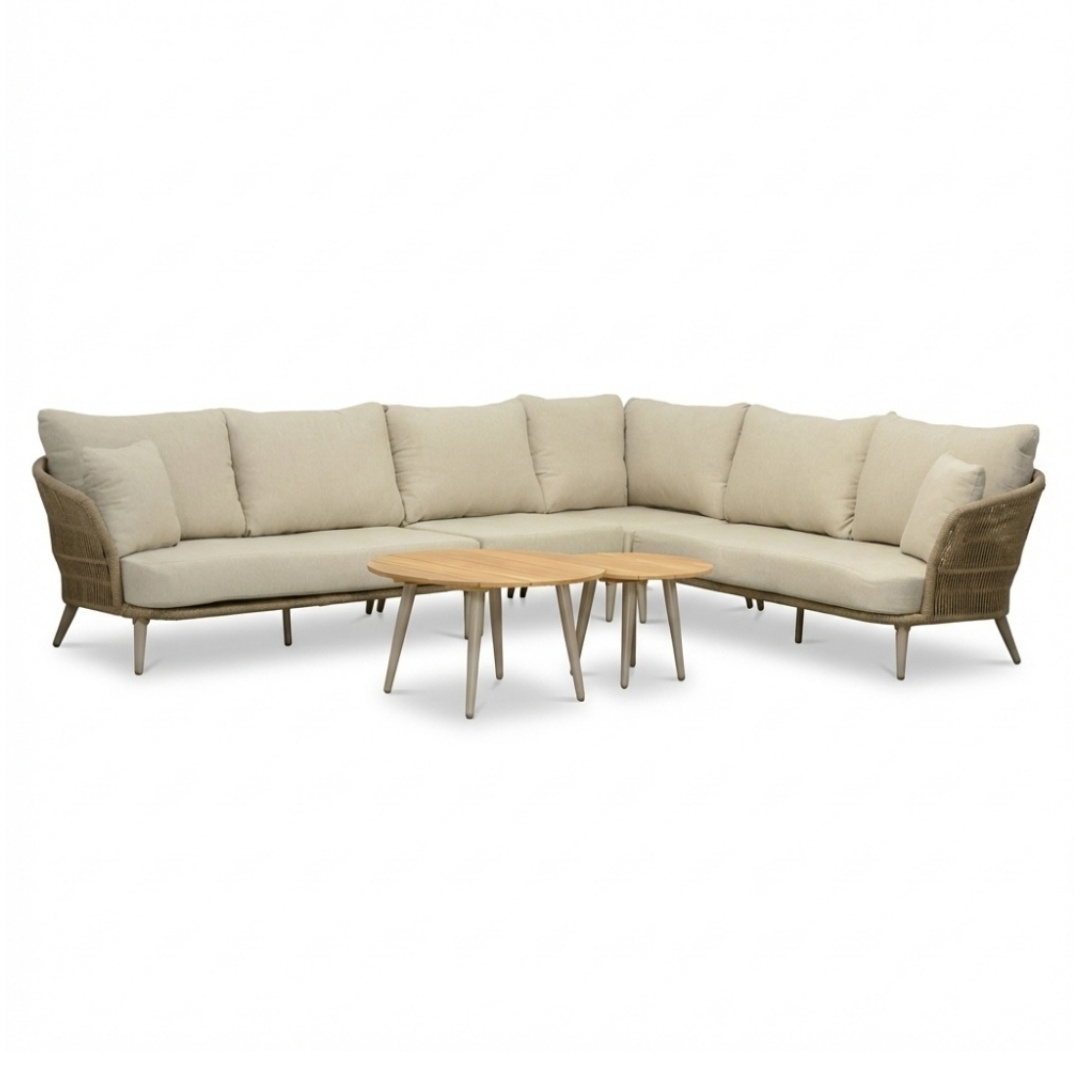 BUITEN living Palermo hoek loungeset incl. tussenelement en tafels | aluminium + touw | Sandstone | 5-delig
