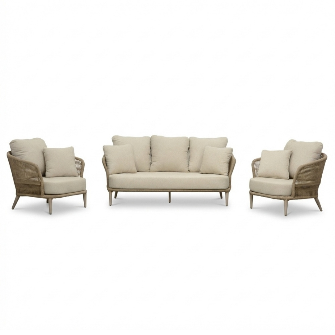 BUITEN living Palermo stoel-bank loungeset 5 personen | aluminium + touw | Sandstone | 3-delig
