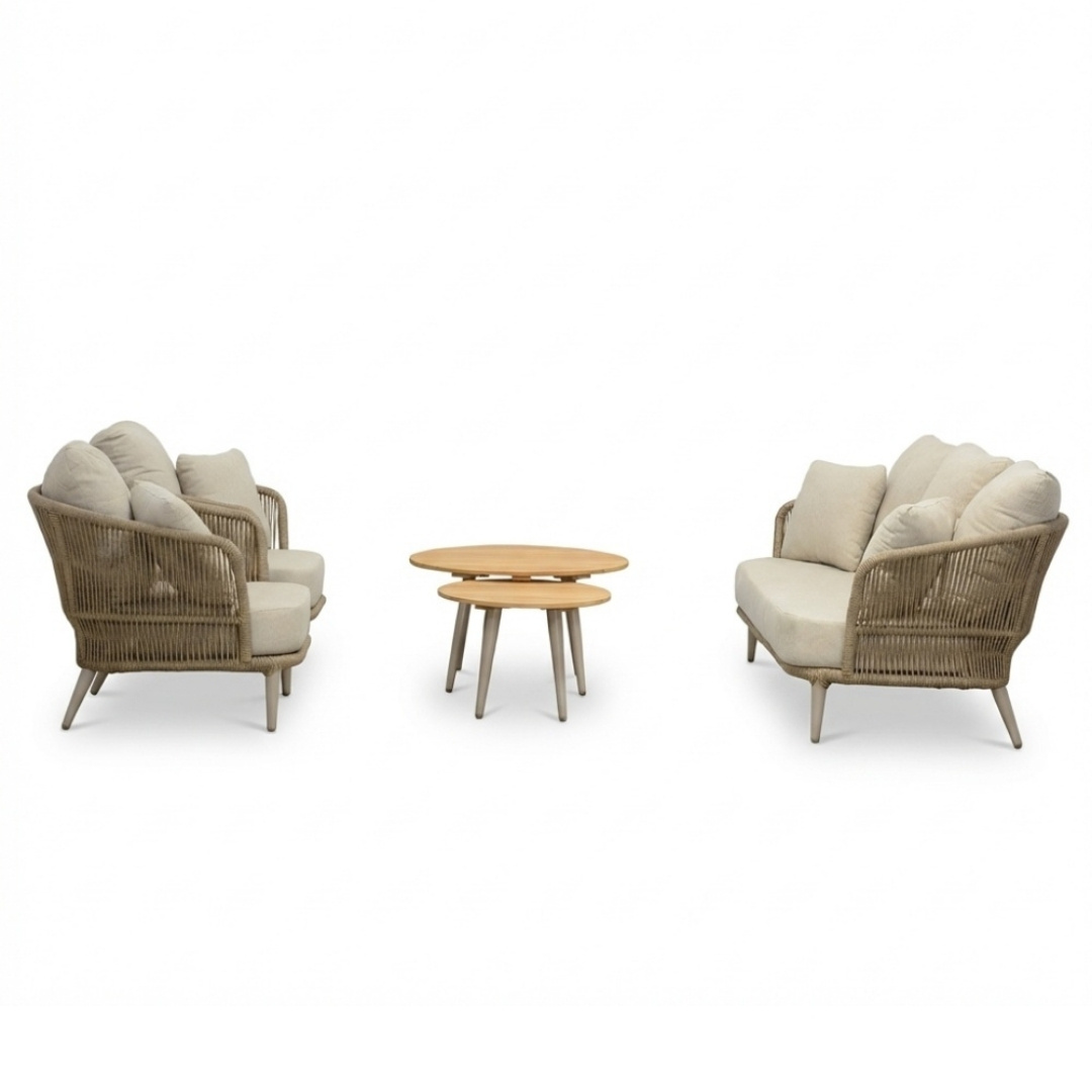 Palermo stoel-bank loungeset incl. tafels | aluminium + touw | Sandstone | 5-delig