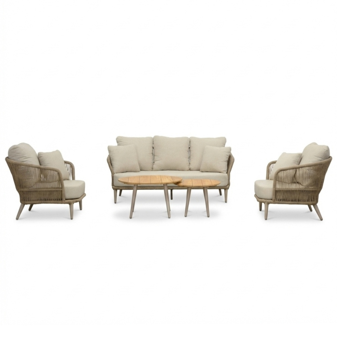 Palermo stoel-bank loungeset incl. tafels | aluminium + touw | Sandstone | 5-delig