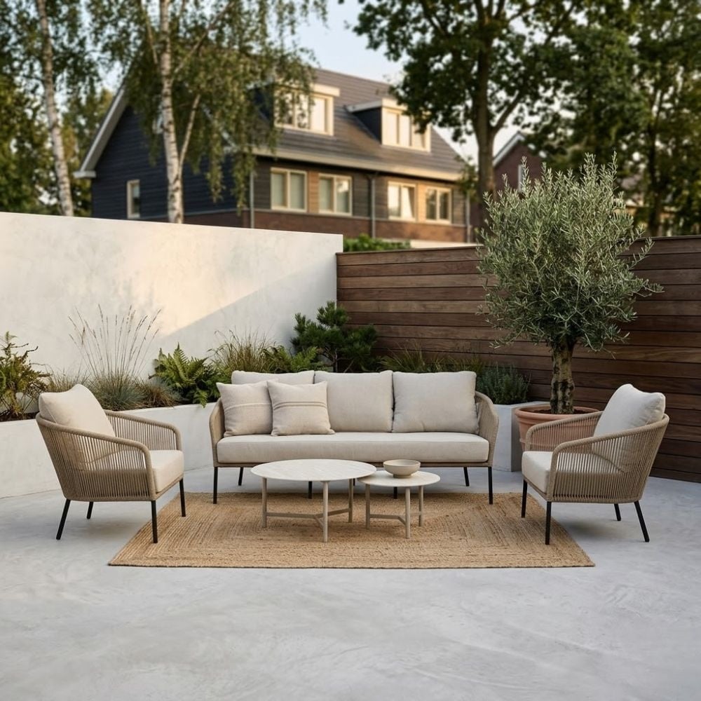 Mara stoel-bank loungeset 5 personen incl. Logan tafels | touw + aluminium | Sahara Dust | 5-delig