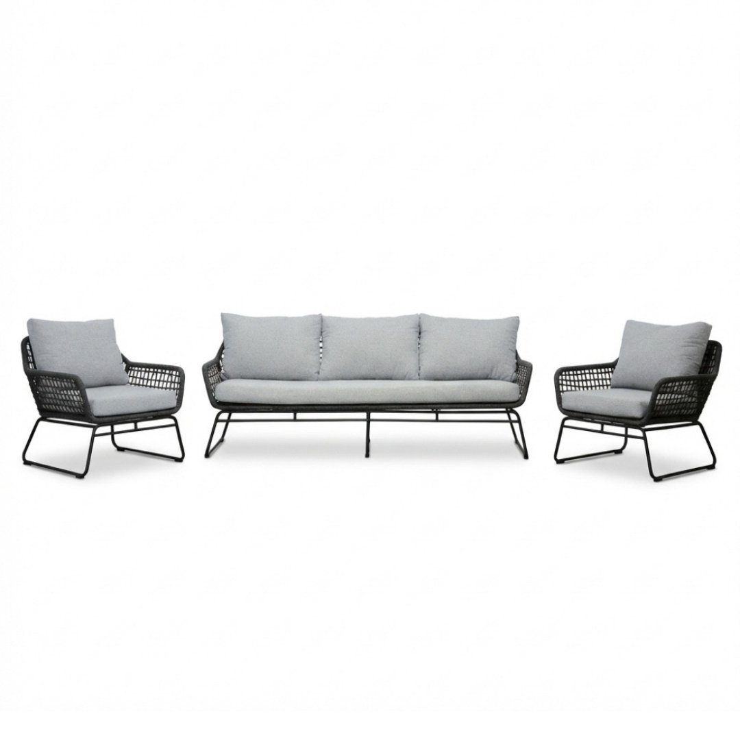 Valencia stoel-bank loungeset 5 personen | touw + aluminium | Stone Grey | 3-delig