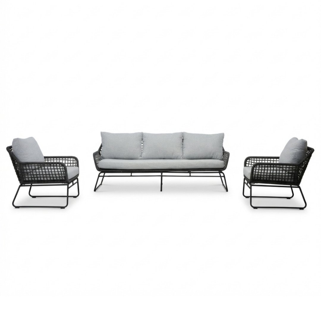 Valencia stoel-bank loungeset 5 personen | touw + aluminium | Stone Grey | 3-delig