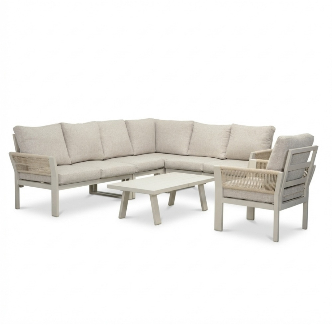 Venezia hoek loungeset incl. stoel en tafel 7 personen | aluminium + touw | beige | 6-delig