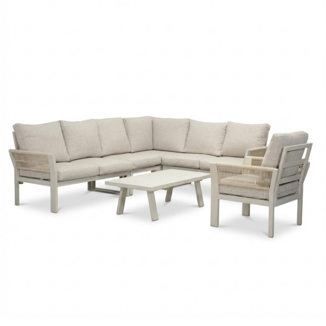 Venezia hoek loungeset incl. stoel en tafel 7 personen | aluminium + touw | beige | 6-delig