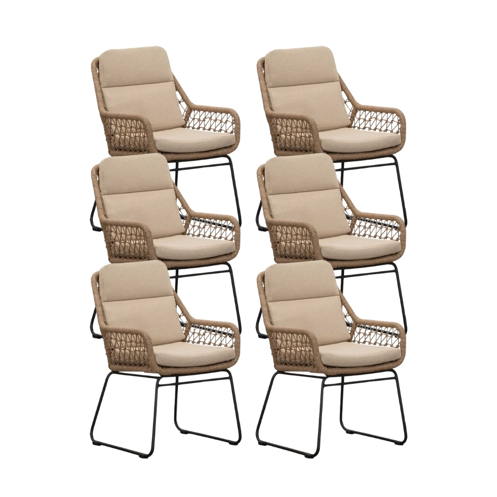BUITEN living Valencia dining tuinstoel set van 6 | touw + aluminium | Sahara Dust – Zand