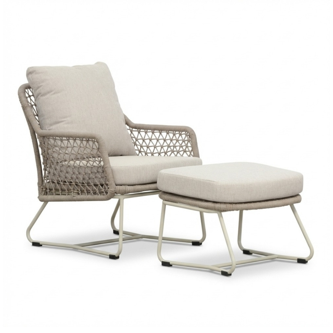 Gianna loungestoel tuin incl. voetenbank | touw + aluminium | Almond Beige