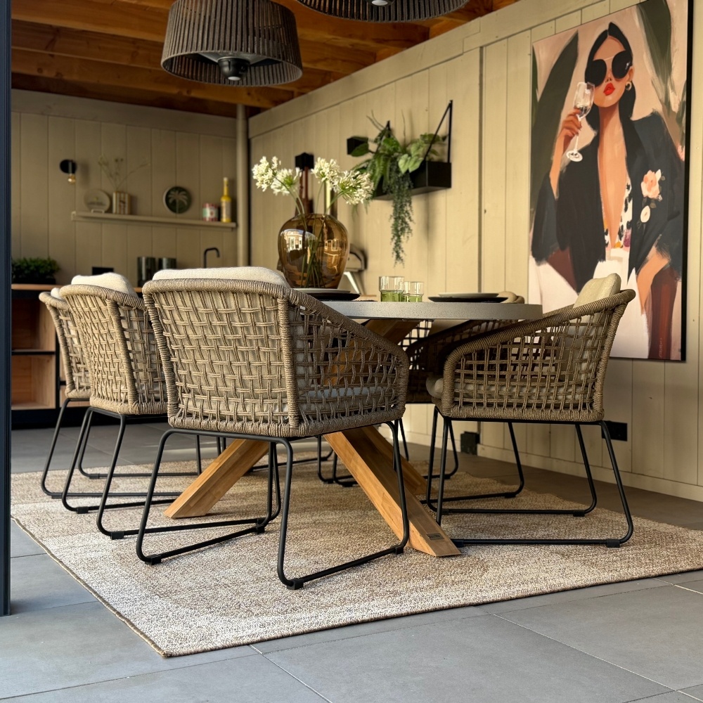 Livorno/Tulum Sahara Dust dining tuinset | 8 personen | betonlook + touw | 280cm ovaal