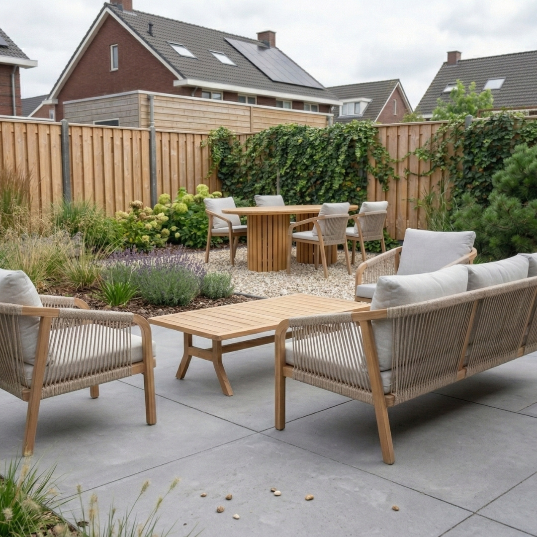 Bergamo dining tuinstoel | touw + hardhout | zand