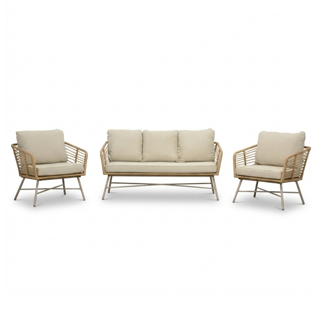 BUITEN living Flow stoel-bank loungeset 5 personen | wicker + aluminium | Bamboo beige | 3-delig