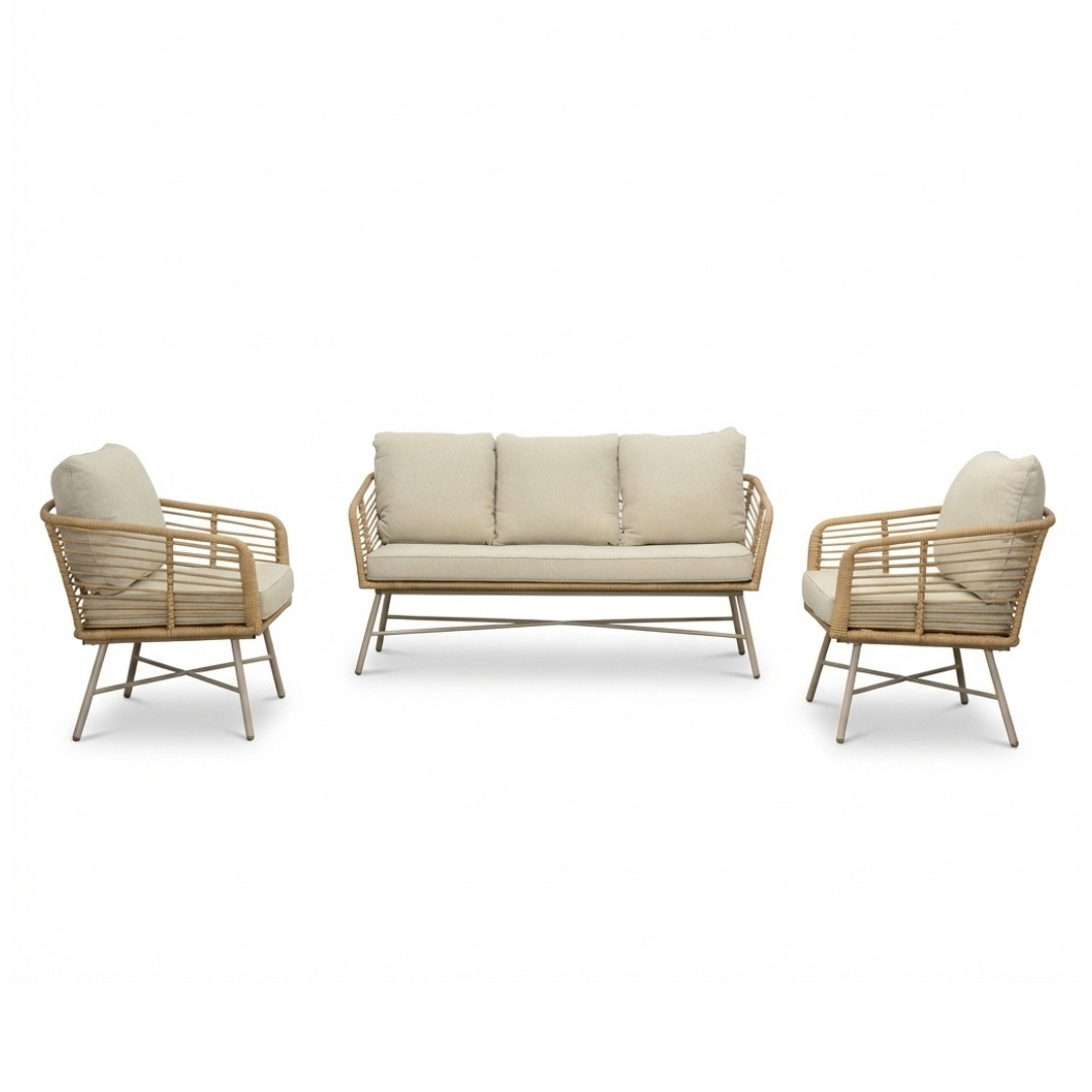 Flow stoel-bank loungeset 5 personen | wicker + aluminium | Bamboo beige | 3-delig