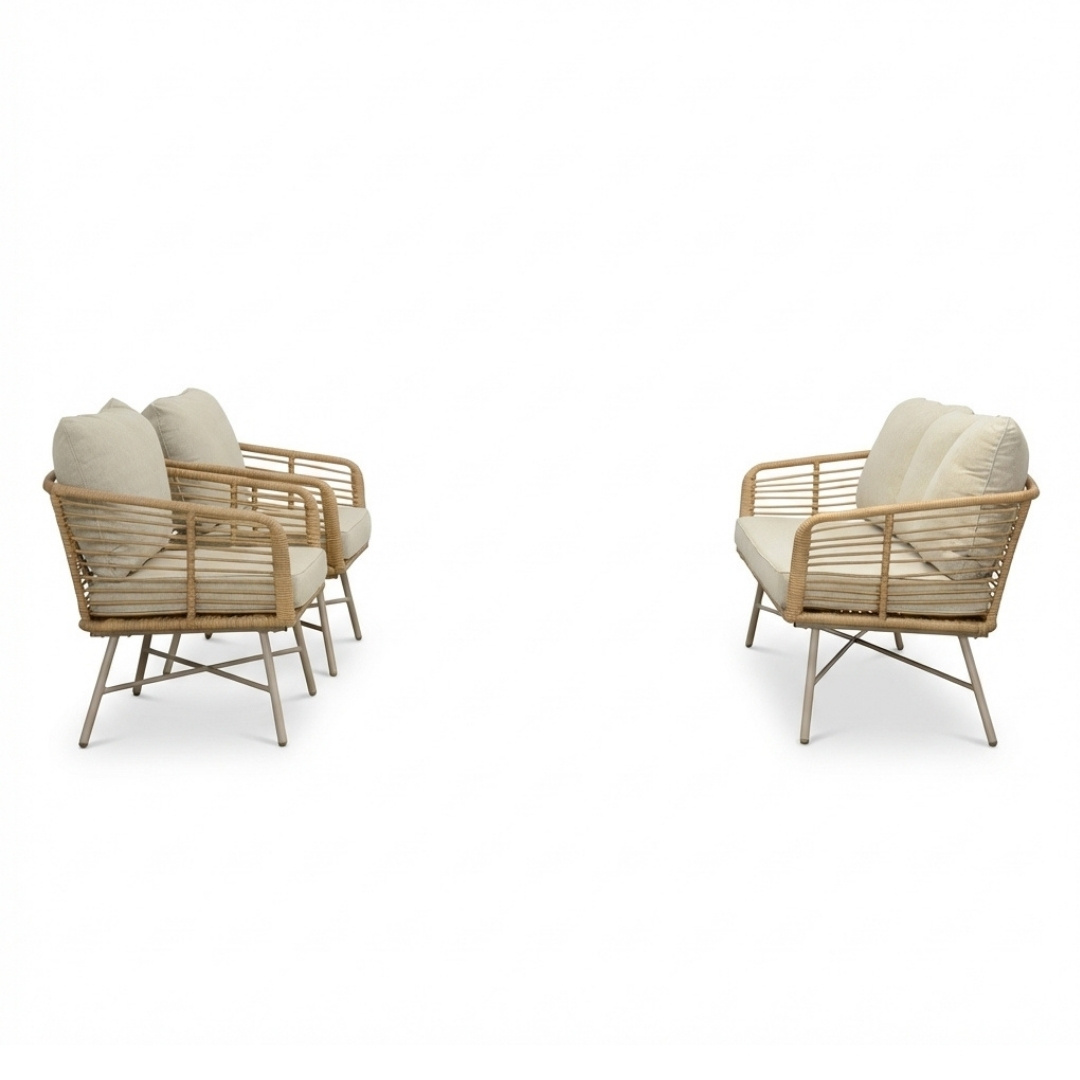 Flow stoel-bank loungeset 5 personen | wicker + aluminium | Bamboo beige | 3-delig