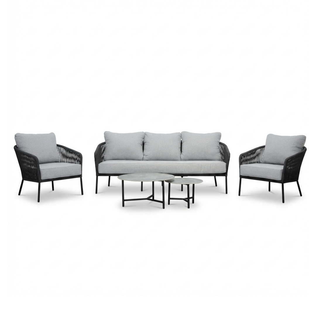 Mara stoel-bank loungeset 5 personen incl. Logan tafels | touw + aluminium | Stone Grey | 5-delig