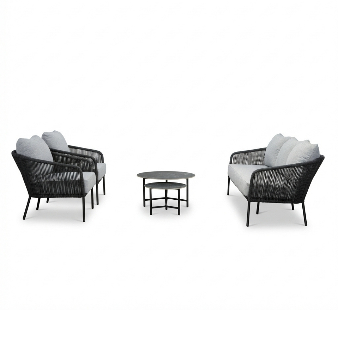 Mara stoel-bank loungeset 5 personen incl. Logan tafels | touw + aluminium | Stone Grey | 5-delig