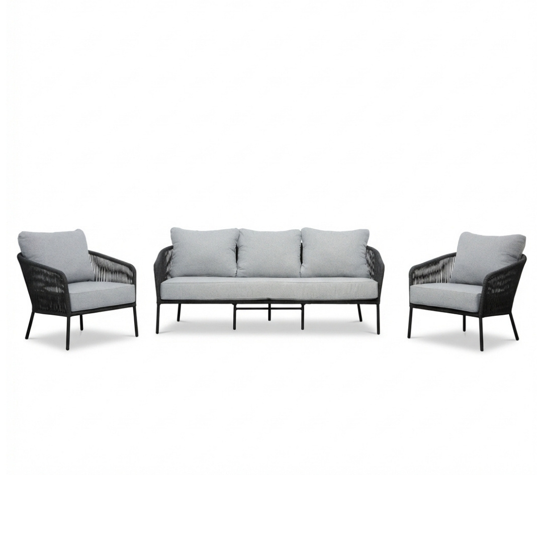 BUITEN living Mara stoel-bank loungeset 5 personen | touw + aluminium | Stone Grey | 3-delig