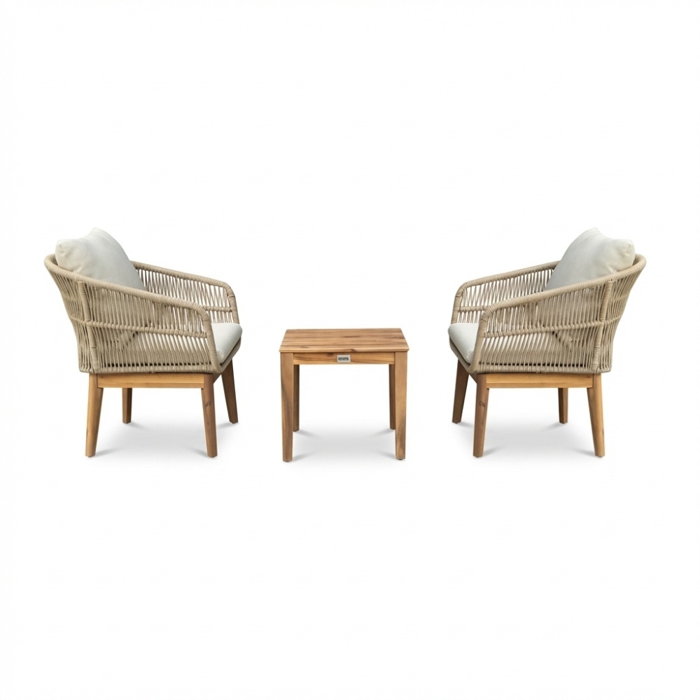 Bella lounge balkonset 2 personen | touw + hardhout | zand | 3-delig