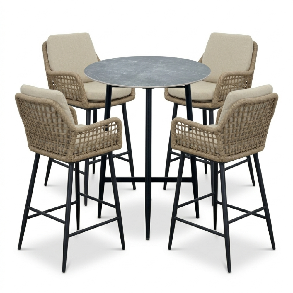 LUX outdoor living Santos Marble Grey/Valencia Sahara Dust dining barset | 4 personen | sintered stone + touw | 90cm