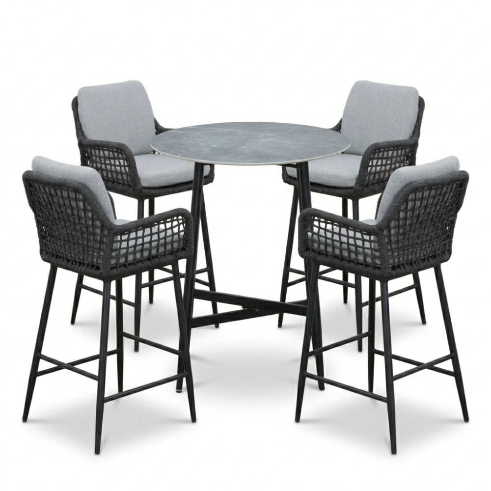 LUX outdoor living Santos Marble Grey/Valencia Stone Grey dining barset | 4 personen | sintered stone + touw | 90cm
