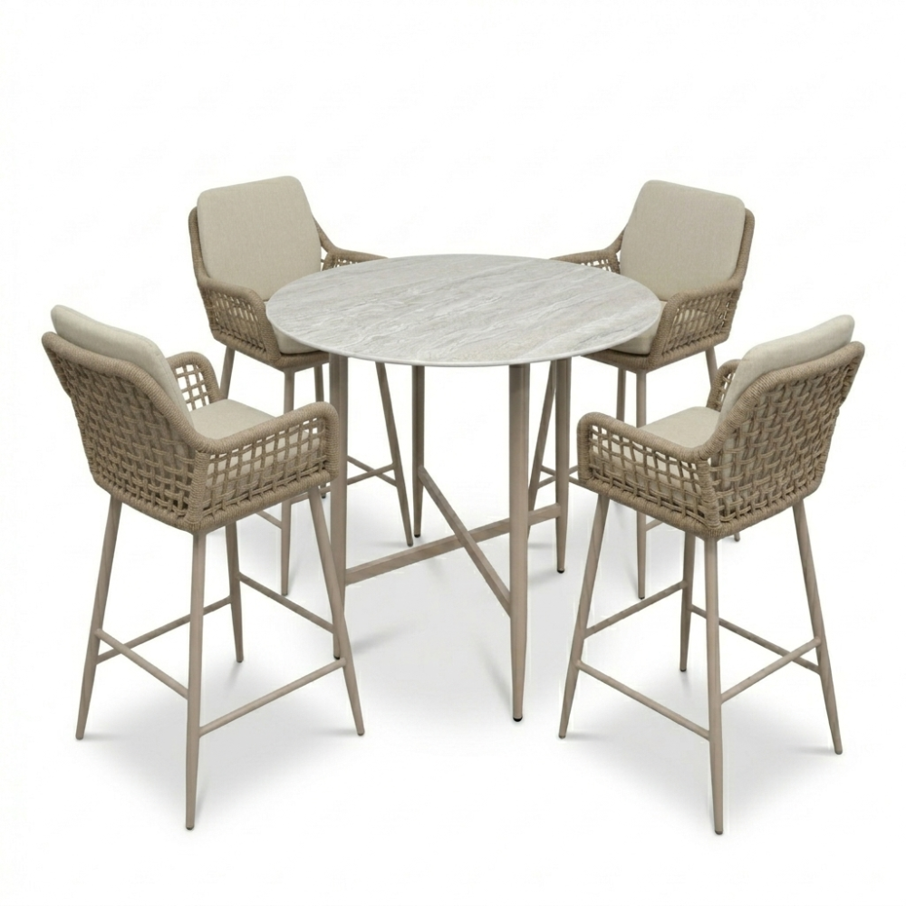 Santos Marble Latte/Valencia Sandstone dining barset | 4 personen | sintered stone + touw | 90cm