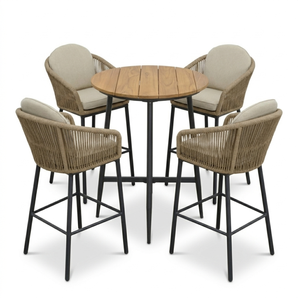 Valencia antraciet/Mara Sahara Dust dining barset | 4 personen | teakhout + touw | 90cm