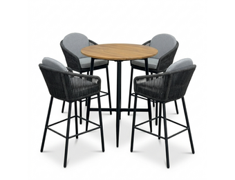 Valencia antraciet/Mara Stone Grey dining barset | 4 personen | teakhout + touw | 90cm