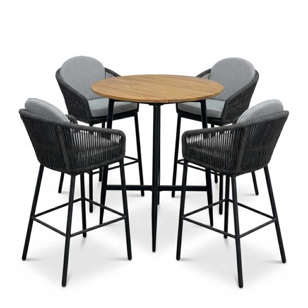 Valencia antraciet/Mara Stone Grey dining barset | 4 personen | teakhout + touw | 90cm