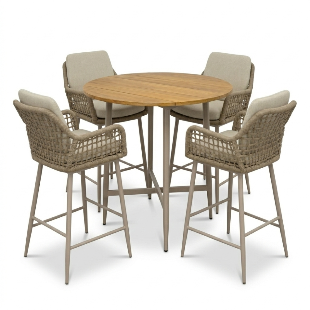 LUX outdoor living Valencia Sandstone dining barset | 4 personen | teakhout + touw | 90cm
