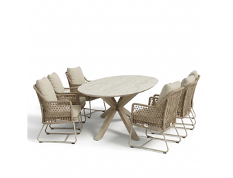 Calma Marble Latte/Gianna Sandstone low dining tuinset | 6 personen | sintered stone + touw | 240cm