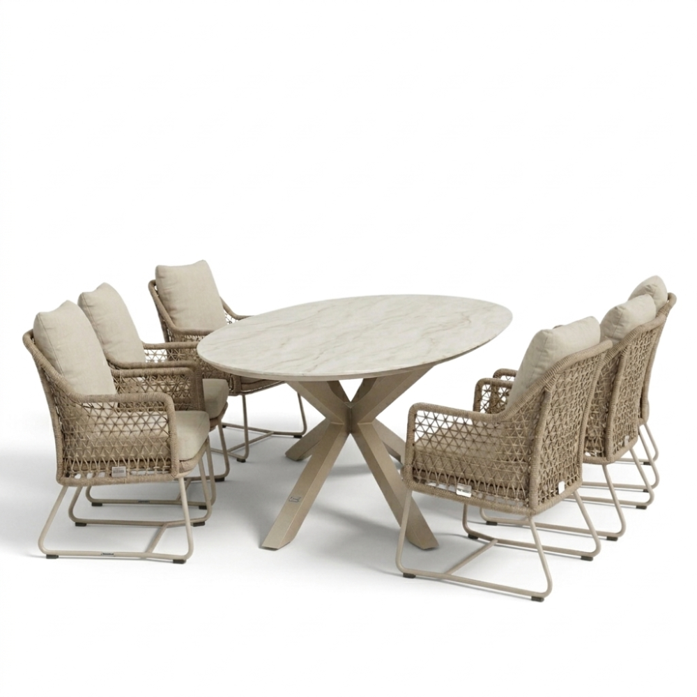 Calma Marble Latte/Gianna Sandstone low dining tuinset | 6 personen | sintered stone + touw | 240cm